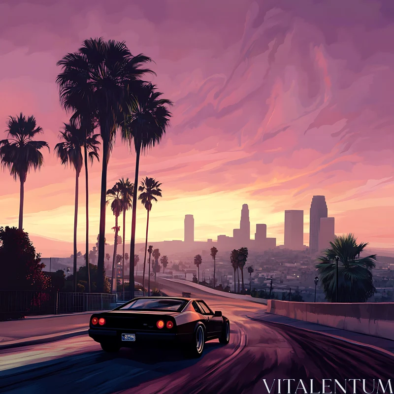 Evening Cityscape with Car and Palm Trees AI Image