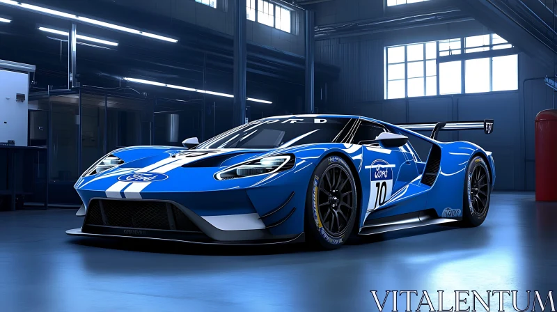 Blue Racing Car with White Stripes AI Image