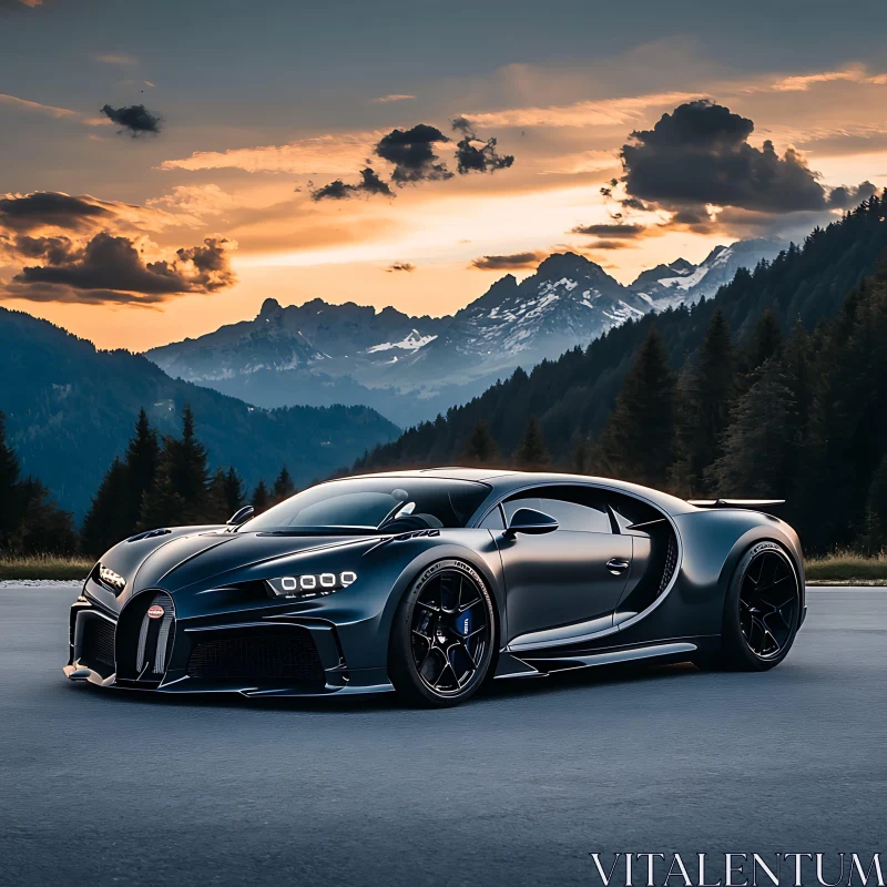 Sleek Supercar at Sunset in Mountainous Landscape AI Image