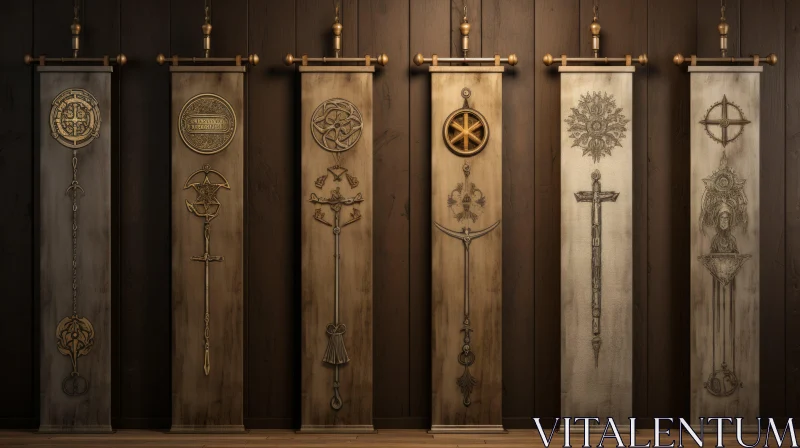 Medieval Metal Scrolls against Wooden Wall: A Blend of History and Aesthetics AI Image