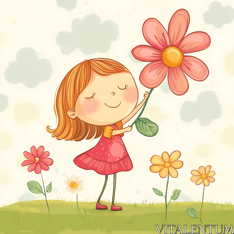 AI ART Cheerful Child with Flowers Illustration