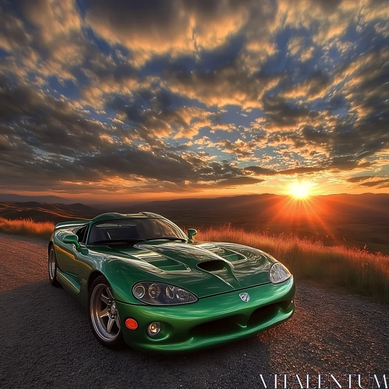 Sunset Drive with Green Sports Car AI Image