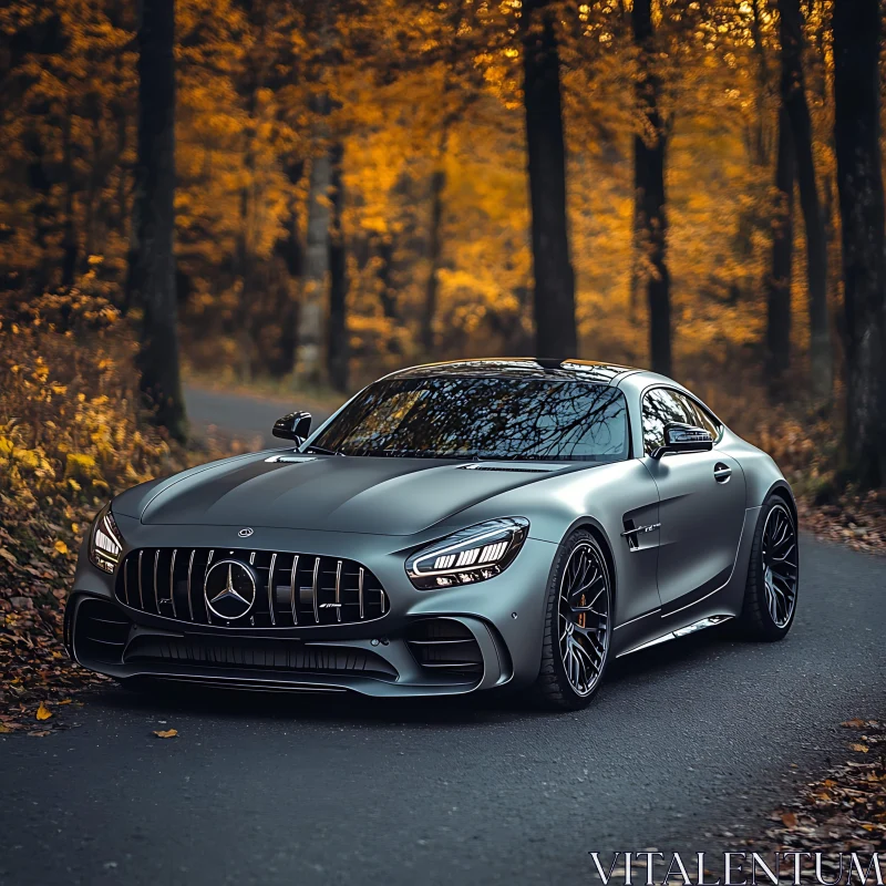 Elegantly Designed Silver Sports Car Amidst Autumn Foliage AI Image