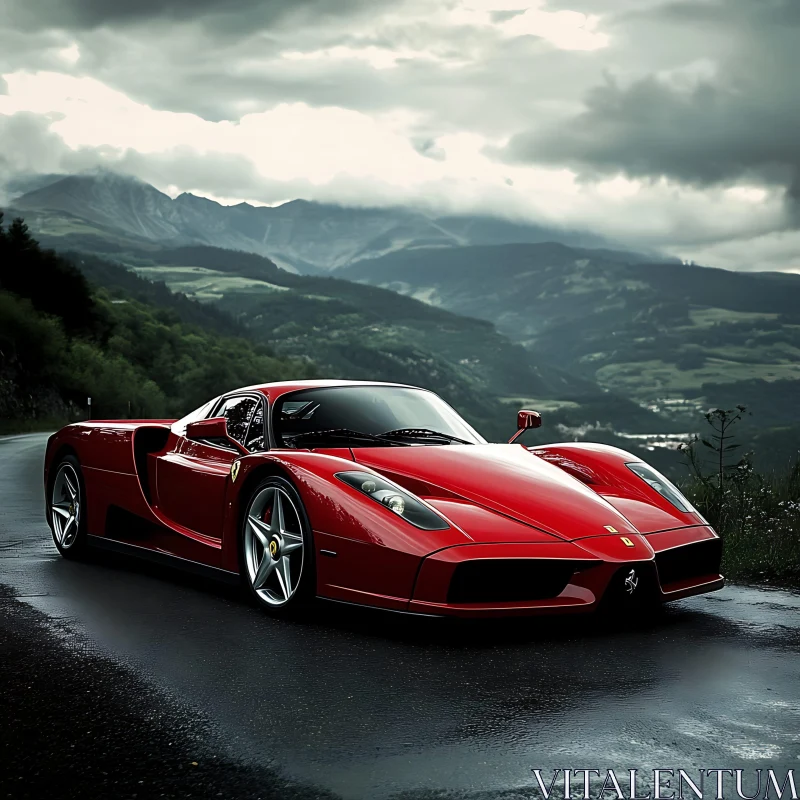 Luxury Red Sports Car in Scenic Mountainous Area AI Image