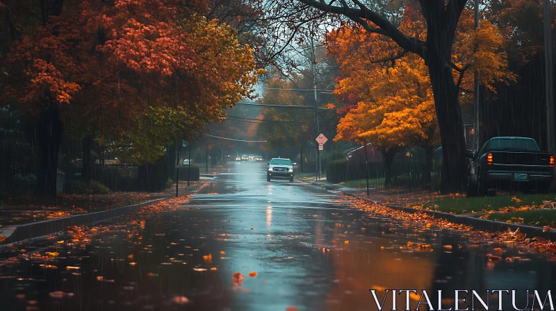 Rain-Soaked Autumn Street with Vibrant Foliage AI Image