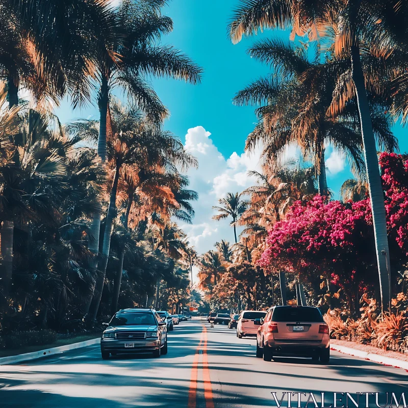 Tropical Boulevard with Cars and Palm Trees AI Image