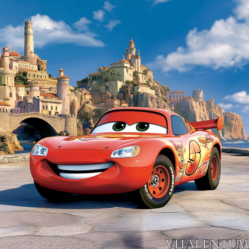 Racing Car with Expressive Eyes Near Seaside Castle AI Image