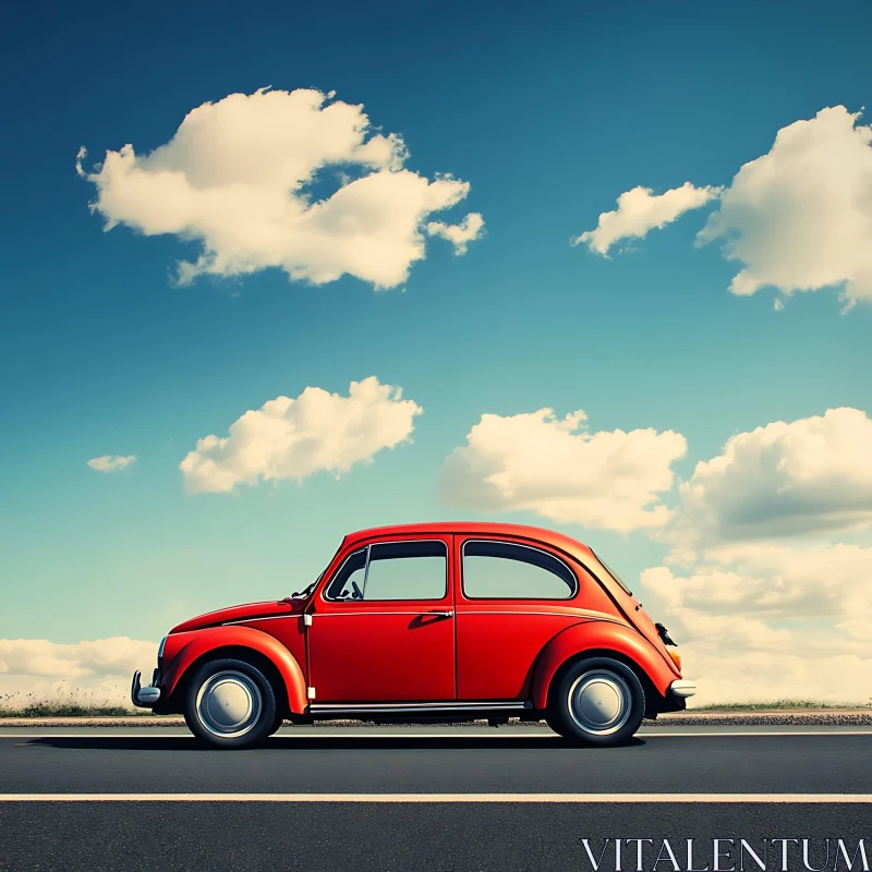 Classic Red Car on Road with Scenic Sky AI Image