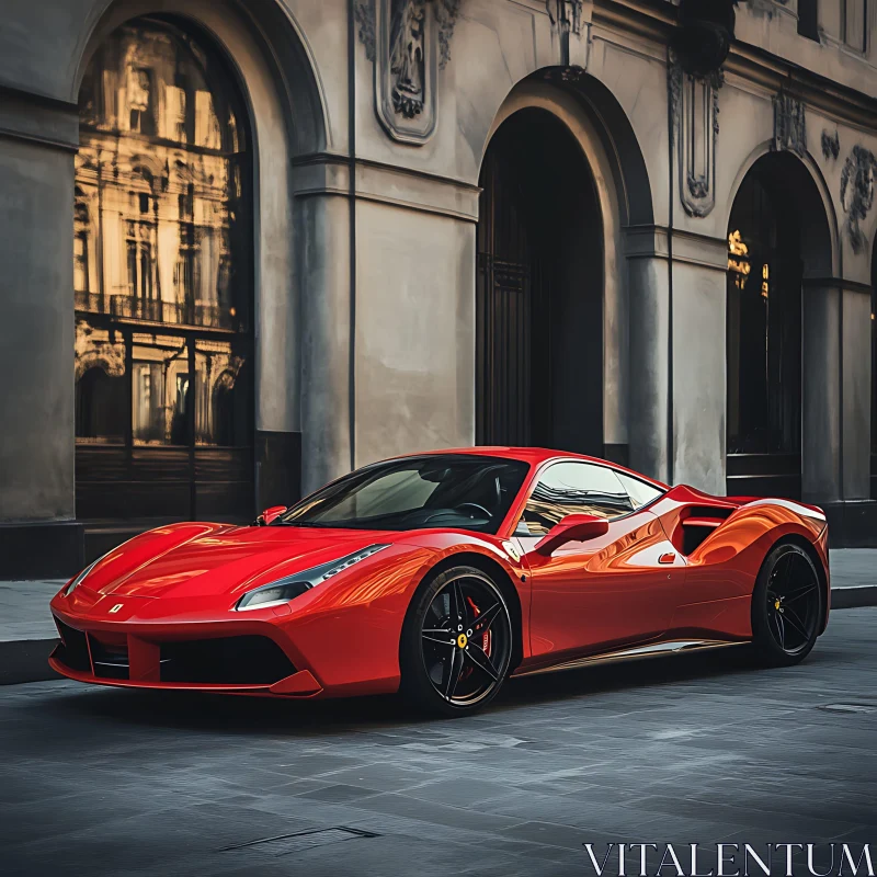 Luxury Red Sports Car Against Historic Backdrop AI Image