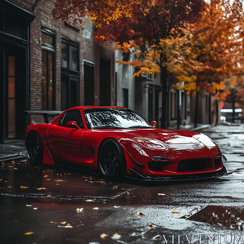 Red Sports Car in Autumn Urban Setting AI Image