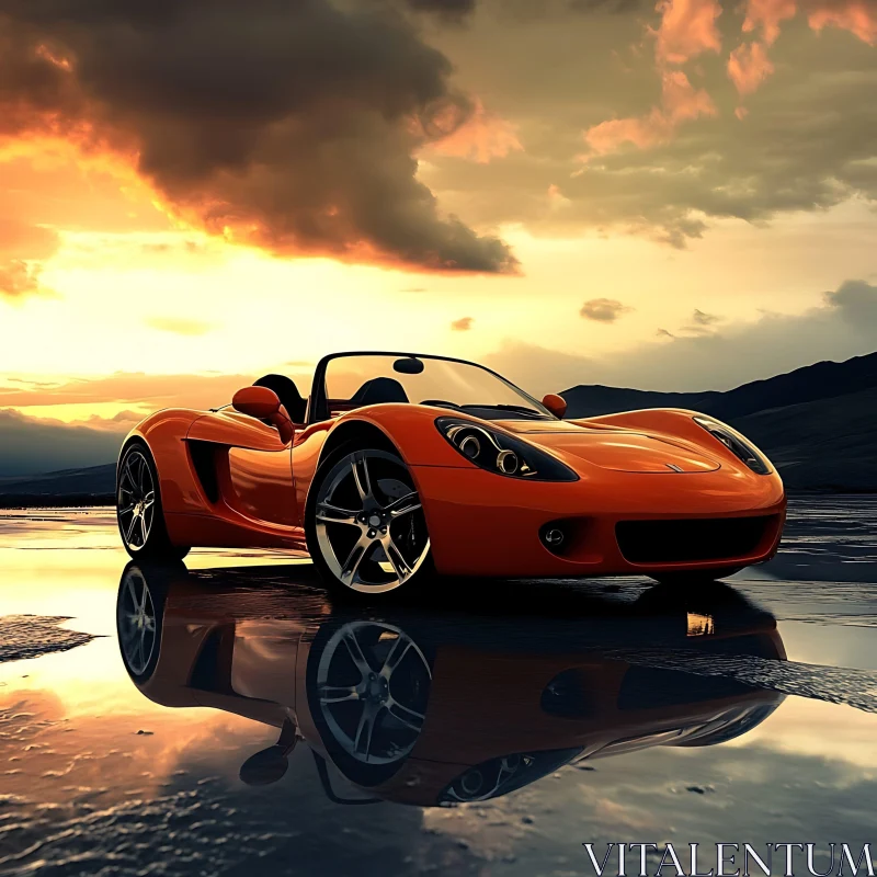 Luxury Orange Convertible Under Sunset Sky AI Image