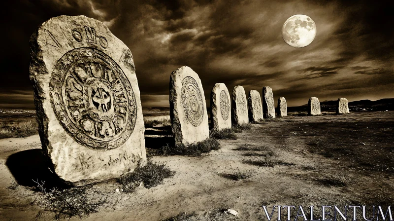 Mystical Stone Monoliths in Moonlit Nightscape AI Image