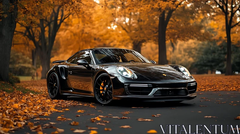 Luxury Black Car Amidst Autumn Foliage AI Image