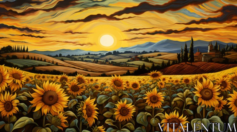 Sunflower Field at Sunset - A Mesmerizing Landscape Painting AI Image