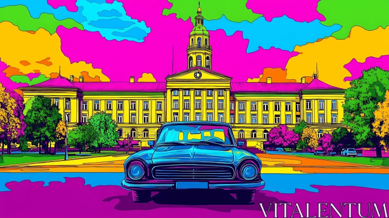 Vibrant Pop Art Cityscape Featuring Classic Car AI Image