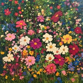 Vivid Floral Painting of Blooming Wildflowers