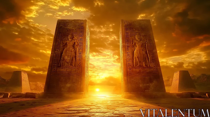 Golden Sunset Over Egyptian Stone Monuments AI Image