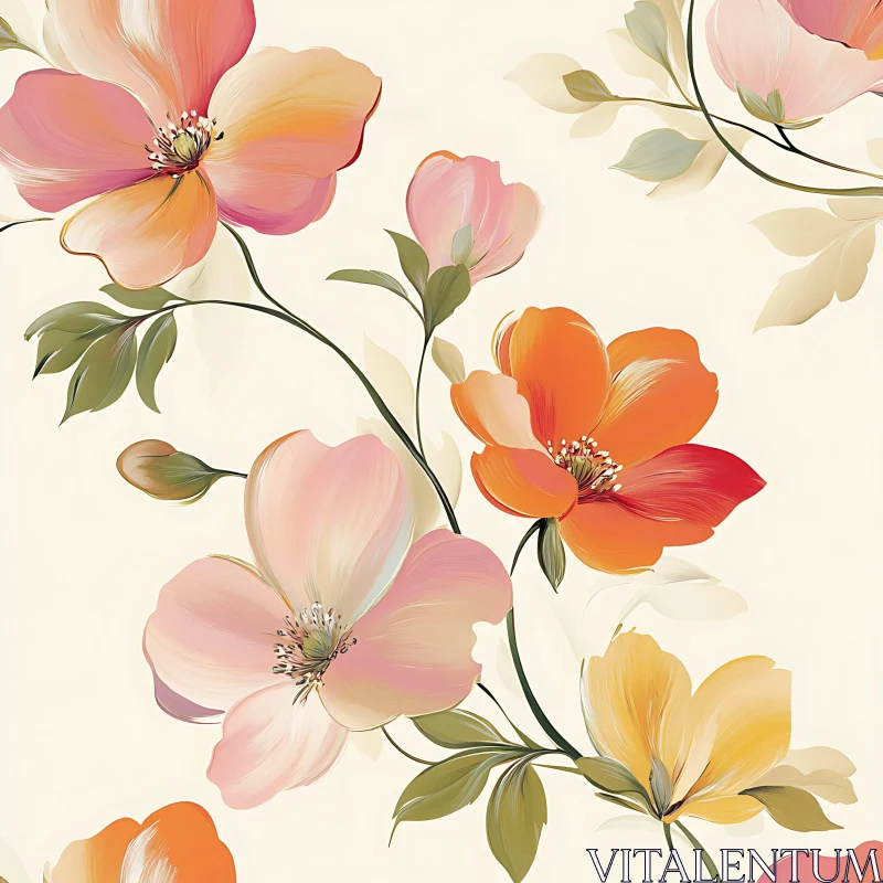 Delicate Flowers with Graceful Leaves in Pastel Shades AI Image