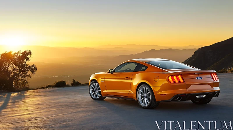 AI ART Sunset with Orange Sports Car and Mountain View