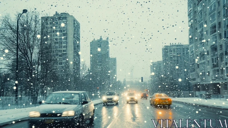 Winter Cityscape with Snowfall and Traffic AI Image