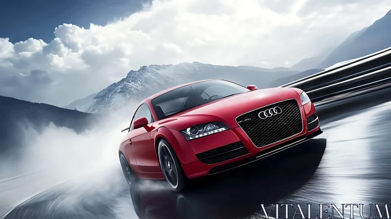 Red Audi Racing on Wet Mountain Road AI Image