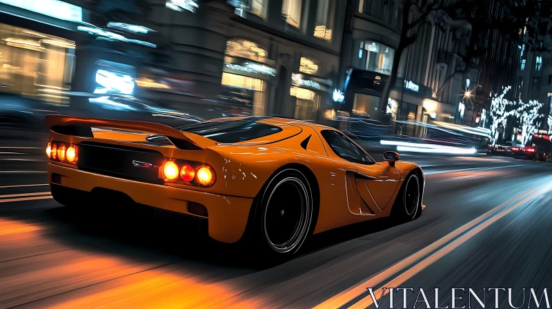 Orange Supercar Zooming in the Night City AI Image