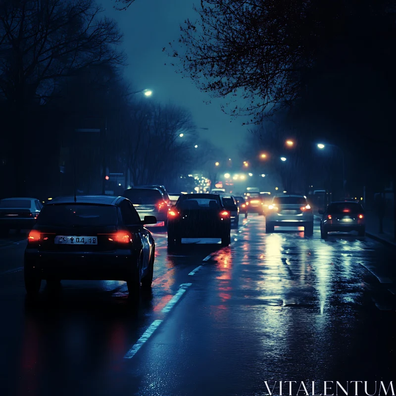 Night Traffic with City Lights Reflection AI Image