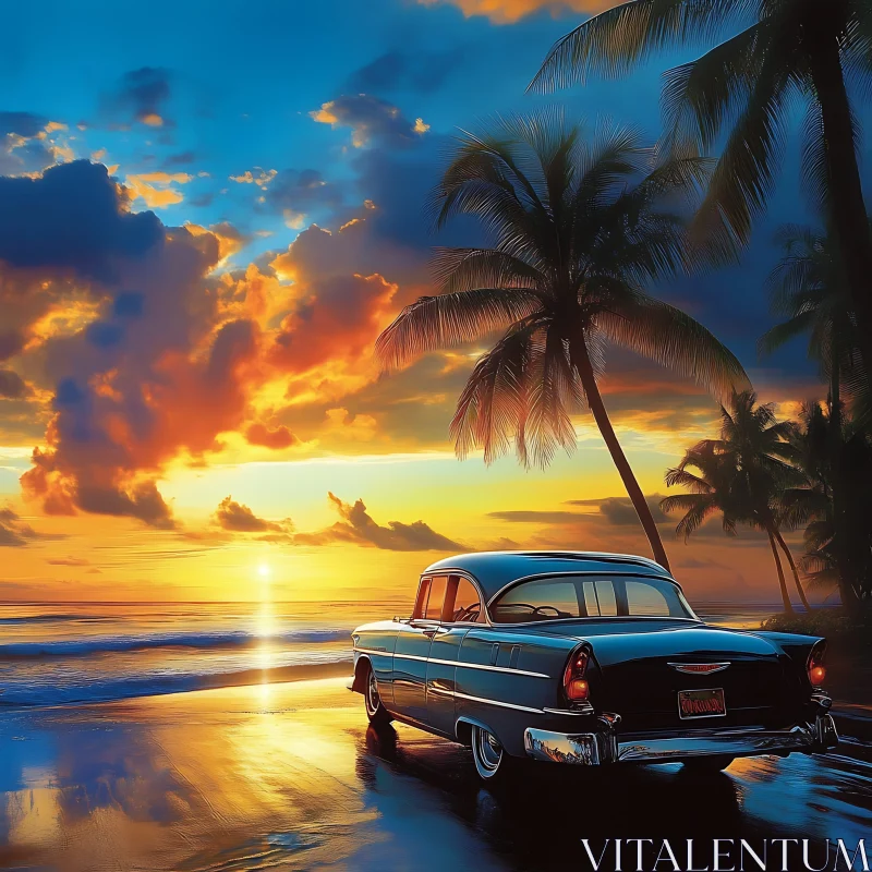 Classic Car with Sunset and Palm Trees by the Ocean AI Image