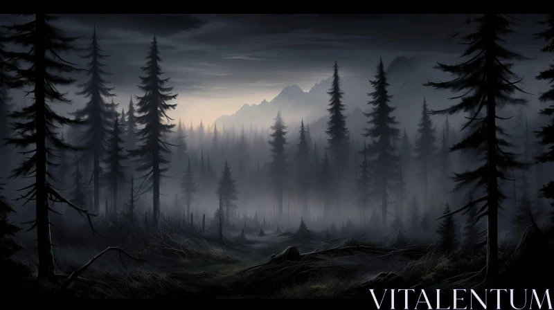 Eerily Realistic Dark Forest - Slender Trees in Oil Painting Style AI Image