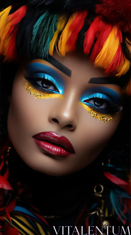 Exotic Realism: Colorful Makeup and Vibrant Feathers AI Image