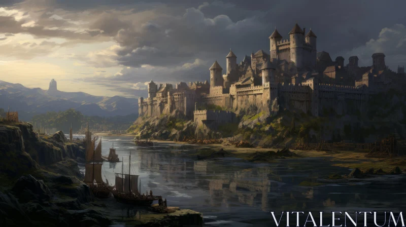Medieval Castle near River - Atmospheric Cityscape Art AI Image
