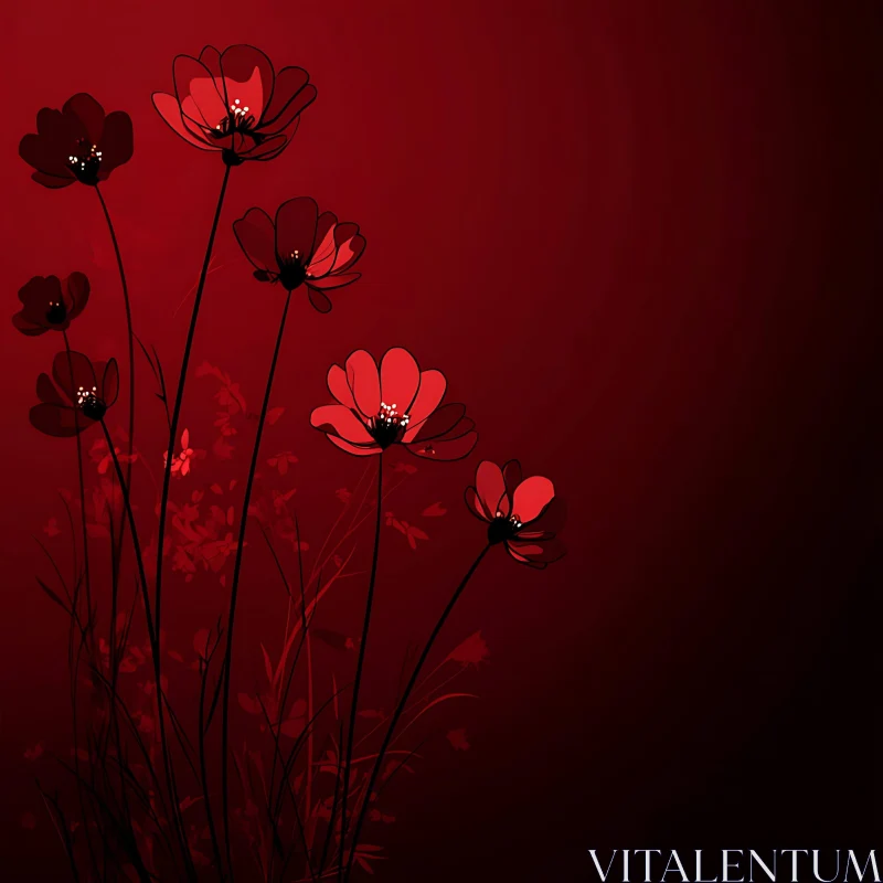 AI ART Minimalist Botanical Illustration with Red Flowers