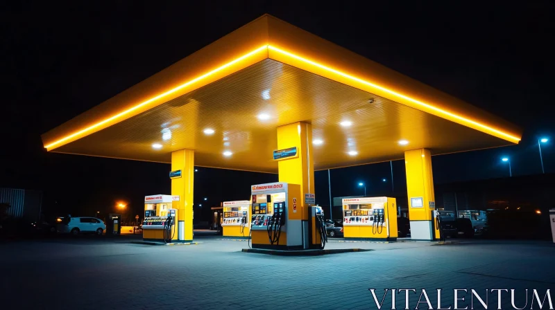 Nighttime Gas Station Illuminated with Bold Yellow Lighting AI Image