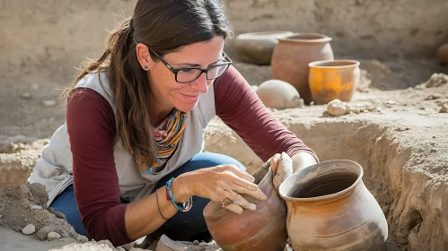 Female Archaeologist Analyzing Ancient Pottery