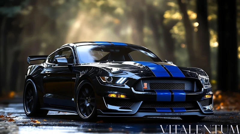 Chic Black Car Adorned with Blue Racing Stripes AI Image