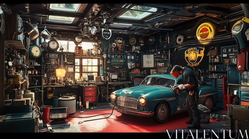 AI ART Mechanic Working on Vintage Turquoise Car in Cluttered Garage