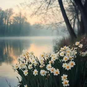 Serene Lake Shore with Blooming Flowers at Sunrise