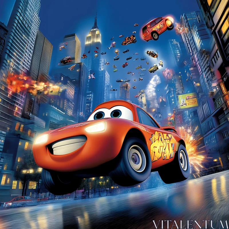 Cheerful Animated Car in Bustling Night City AI Image