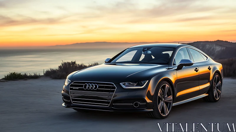 Luxury Audi Car Against Scenic Sunset by the Sea AI Image