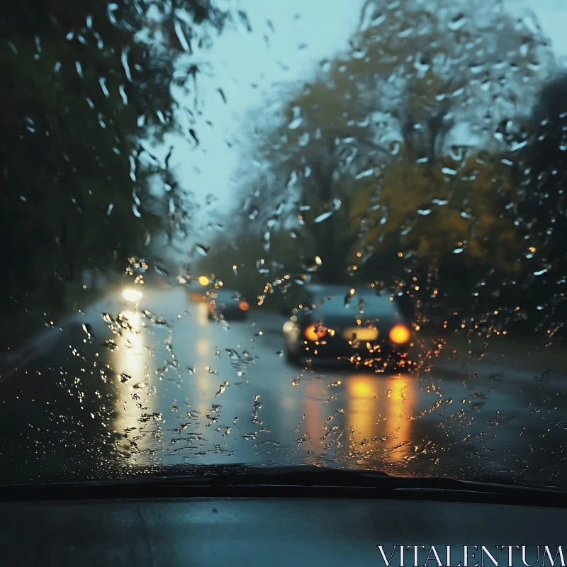 Evening Rain on Windshield AI Image