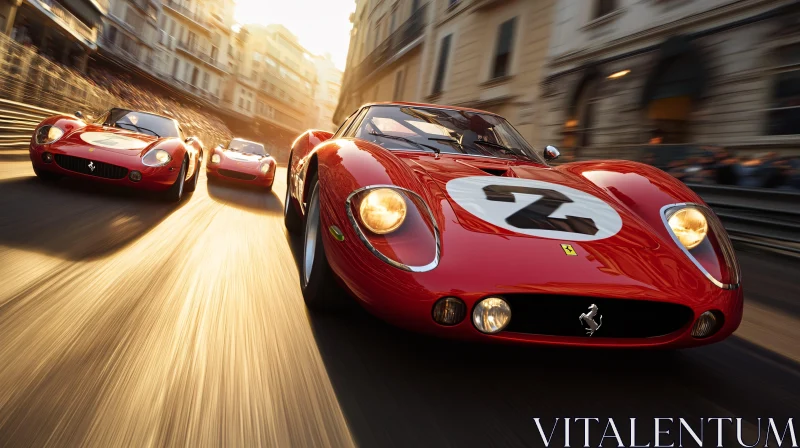 Classic Ferrari Race in Urban Sunset AI Image