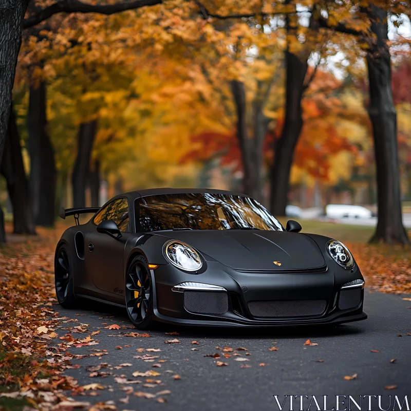 Luxury Black Car in Fall Setting AI Image