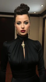 Captivating Woman in Black Dress with Gold Jewelry - Close-up Intensity