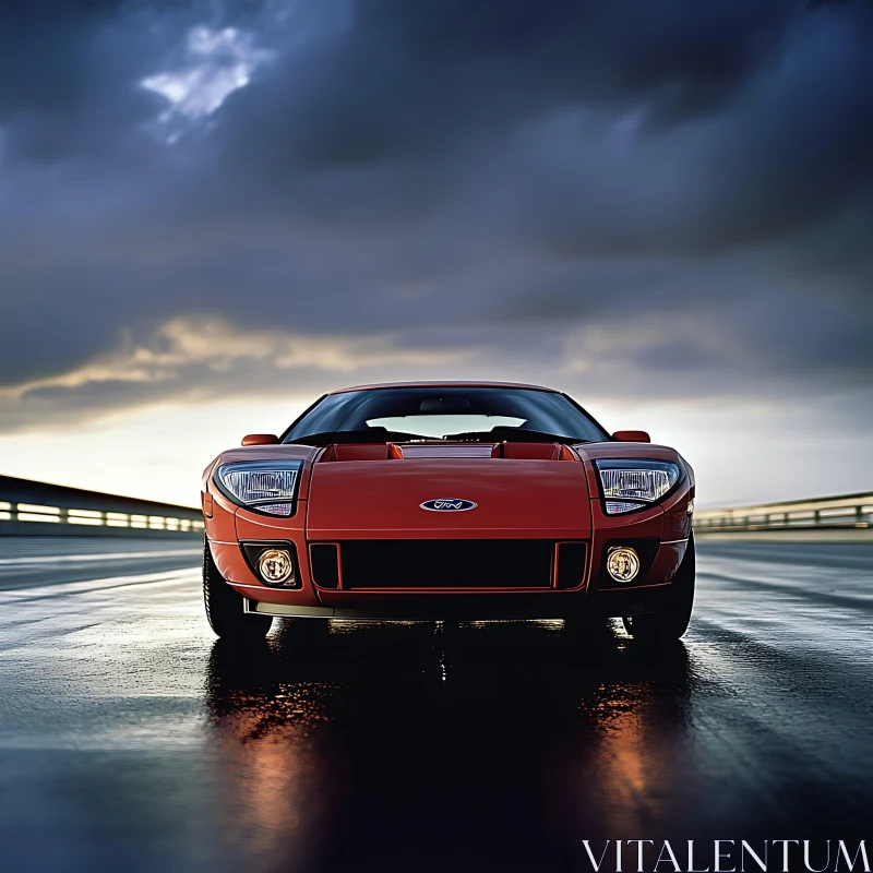 Powerful Red Automobile on Wet Road AI Image