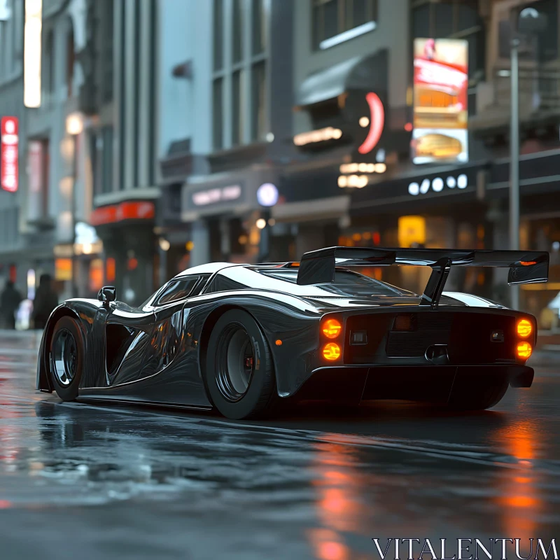 Black Supercar in Nighttime Urban Setting AI Image