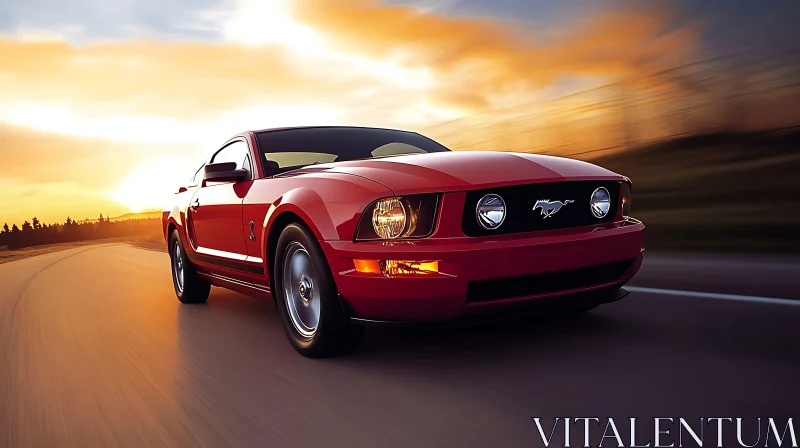 Sleek Red Car on Road at Sunset AI Image