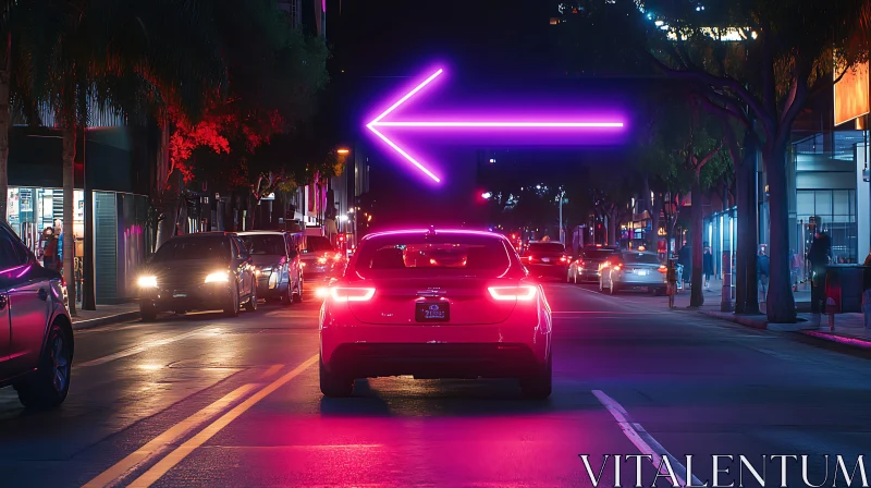 Futuristic Night Cityscape with Neon Lighting and Car AI Image