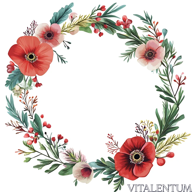 Botanical Wreath with Red Flowers and Leaves AI Image