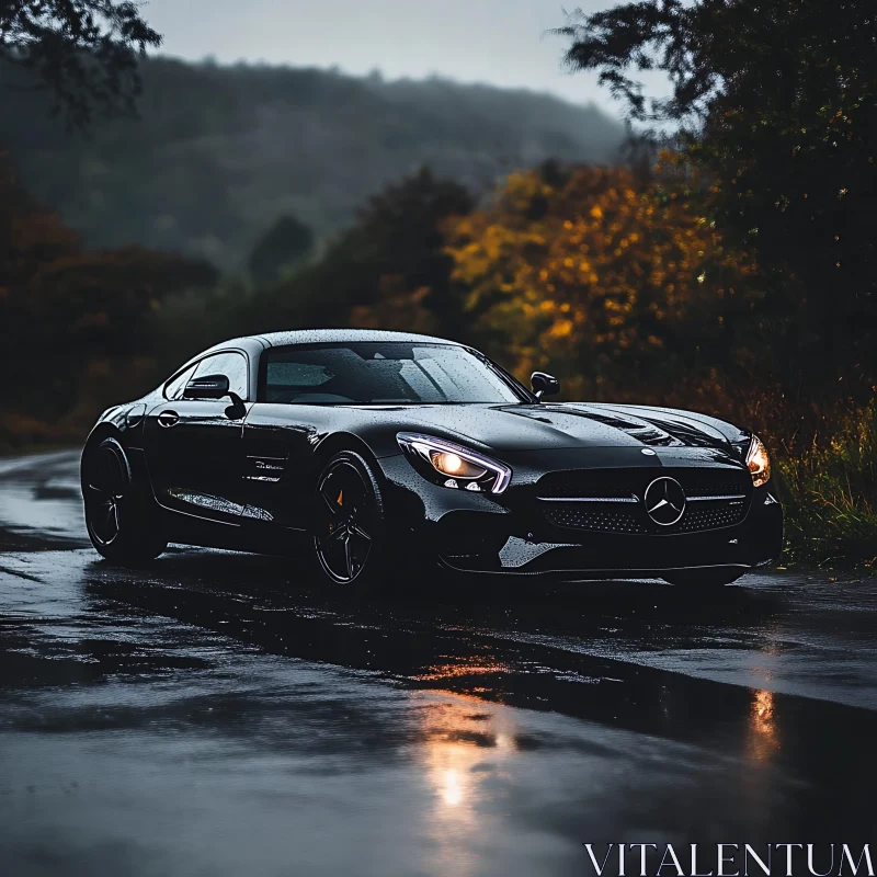 Sleek Black Car in Autumn Forest AI Image