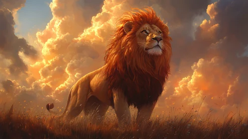 Lion in Radiant Sunset Landscape